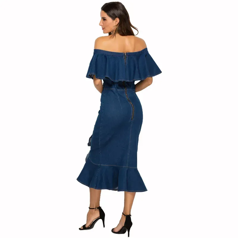 Clare Off-Shoulder Ruffle Denim Midi Dress