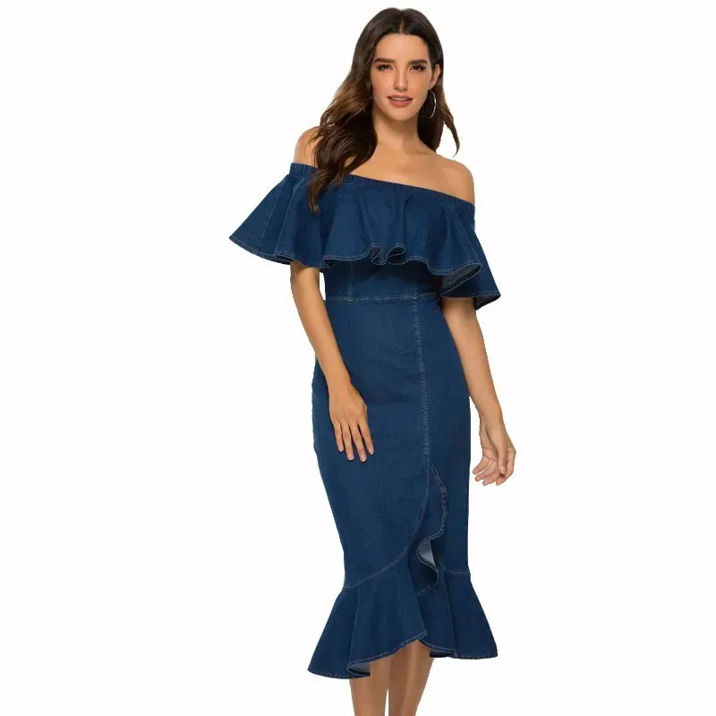 Clare Off-Shoulder Ruffle Denim Midi Dress