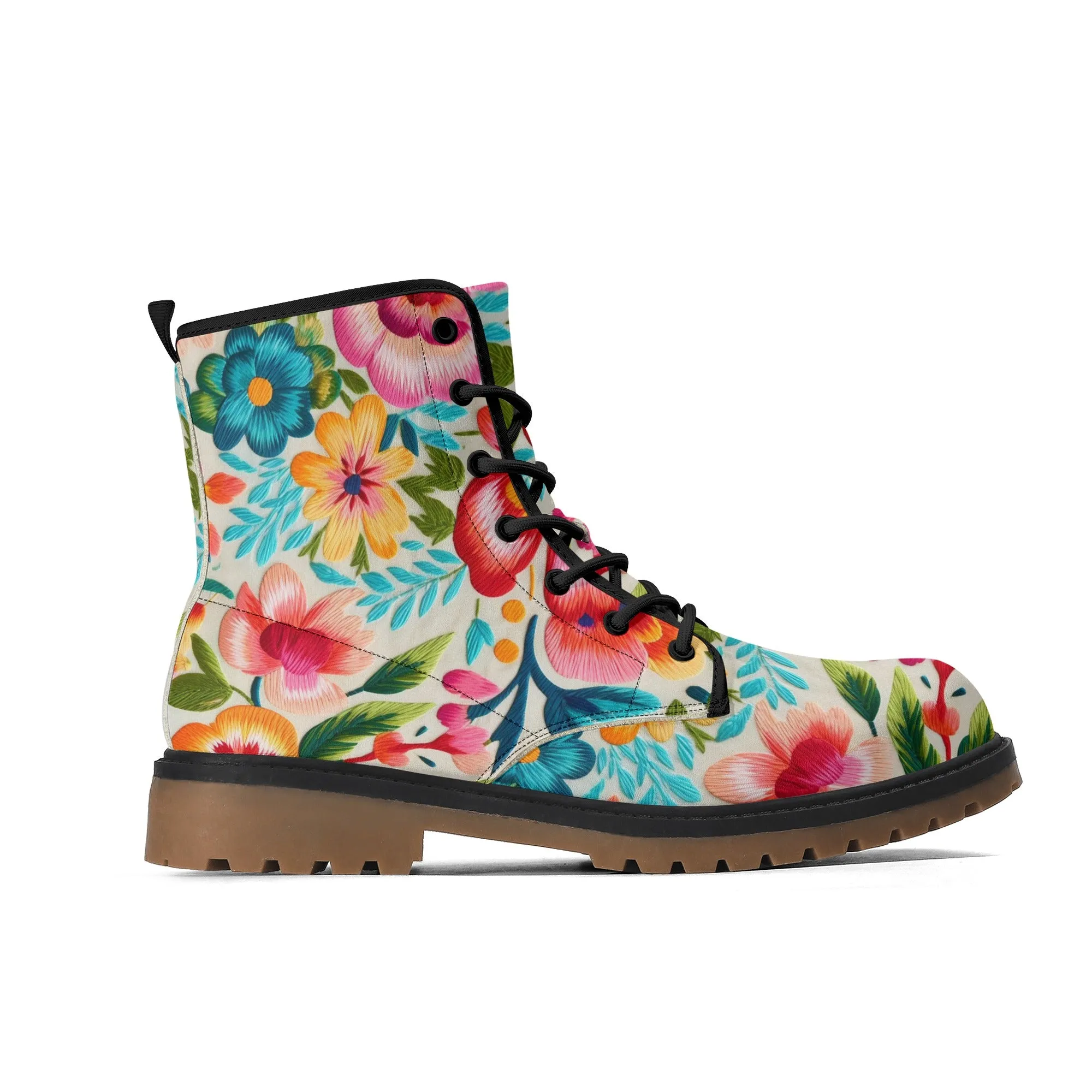 Colorful Flowers Womens Faux Embroidered Luxe Combat Boots