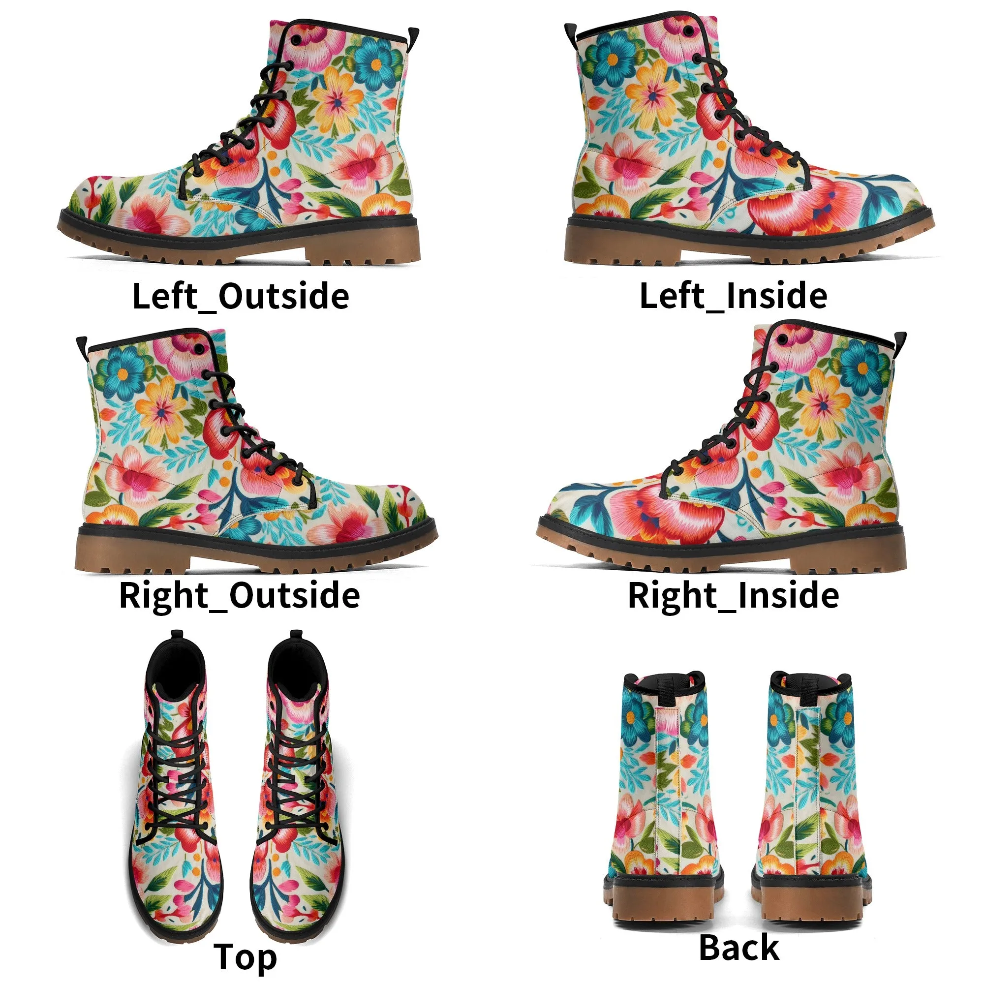 Colorful Flowers Womens Faux Embroidered Luxe Combat Boots