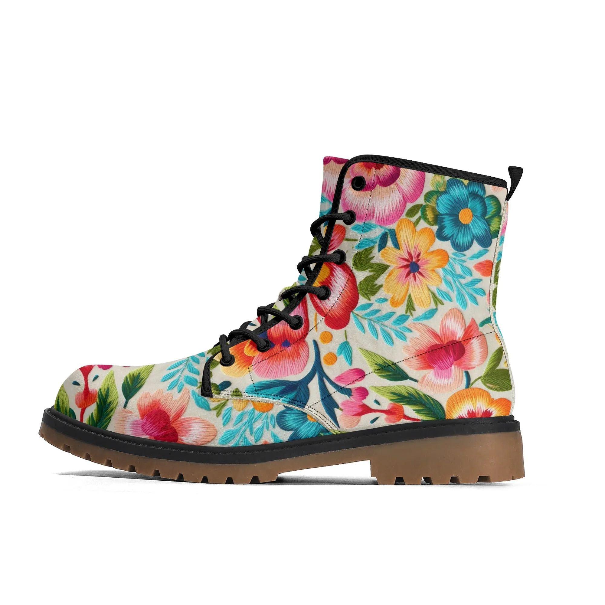 Colorful Flowers Womens Faux Embroidered Luxe Combat Boots