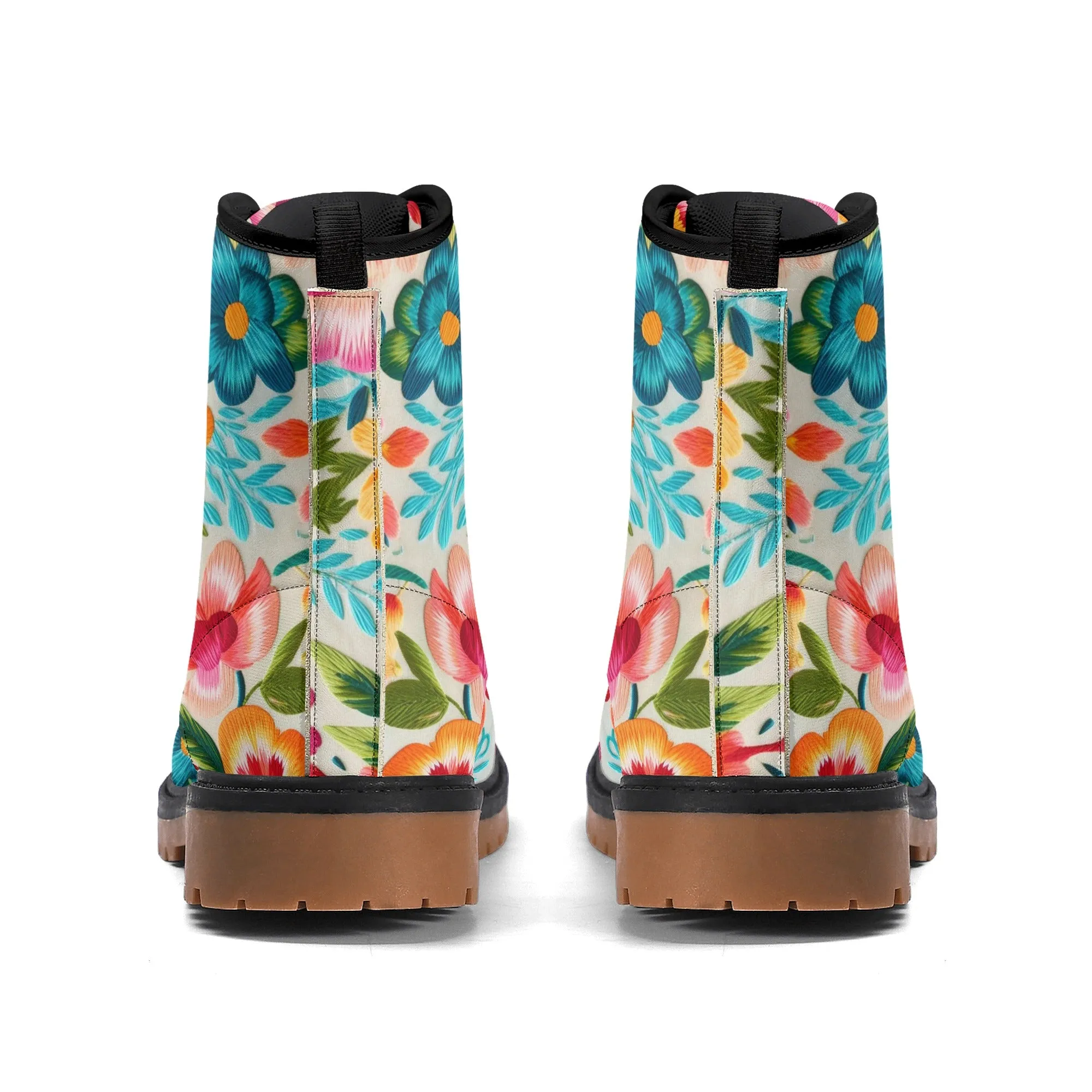 Colorful Flowers Womens Faux Embroidered Luxe Combat Boots