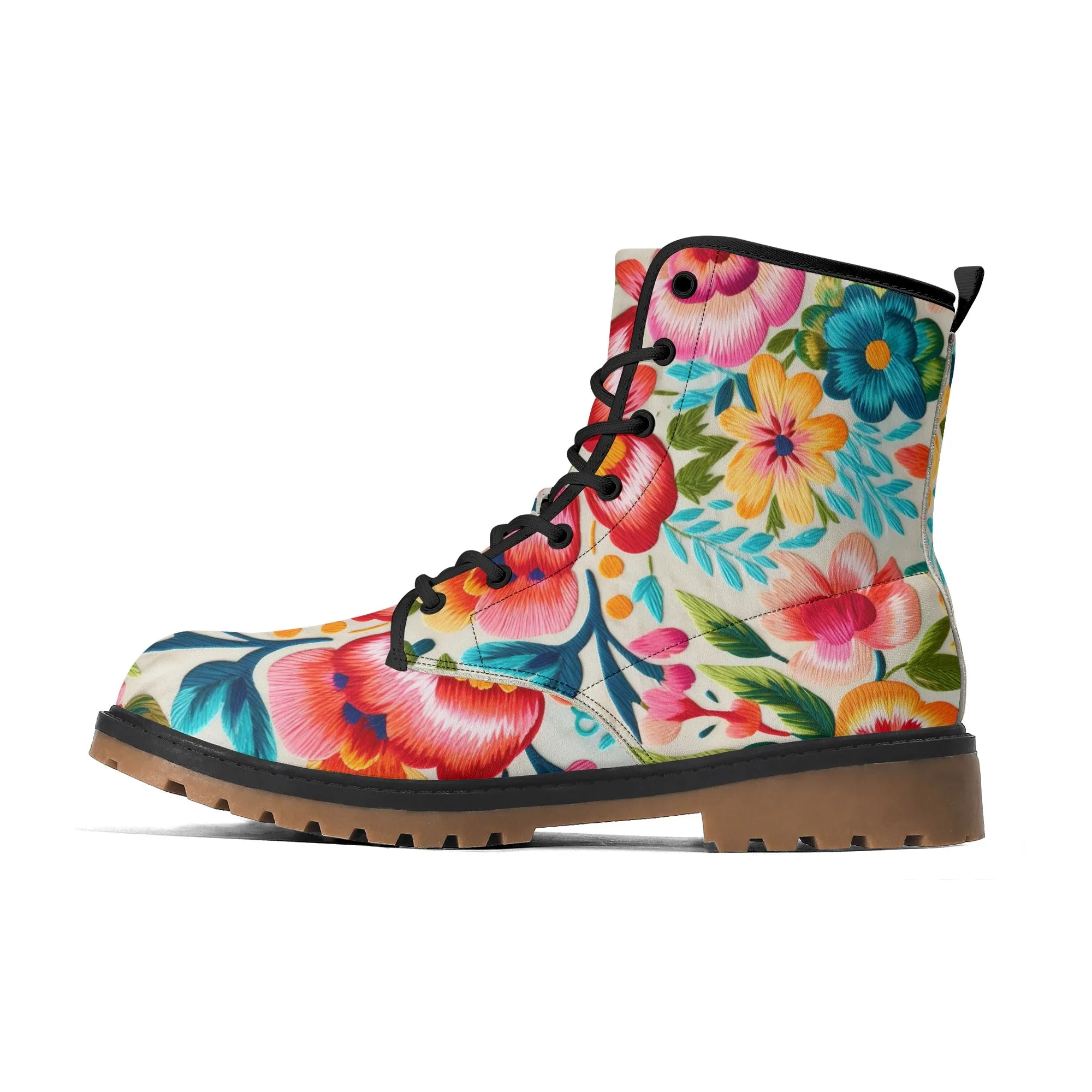 Colorful Flowers Womens Faux Embroidered Luxe Combat Boots