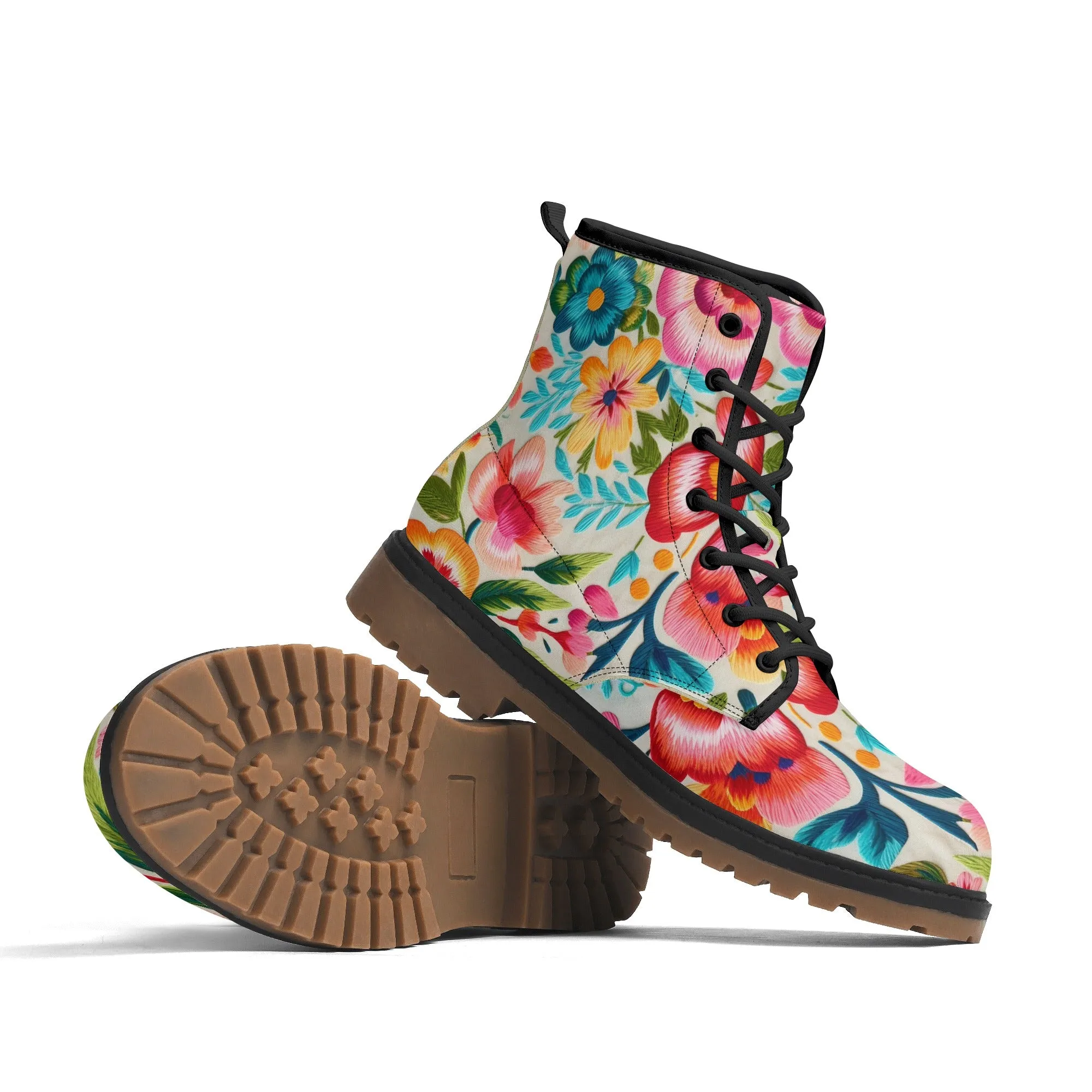 Colorful Flowers Womens Faux Embroidered Luxe Combat Boots