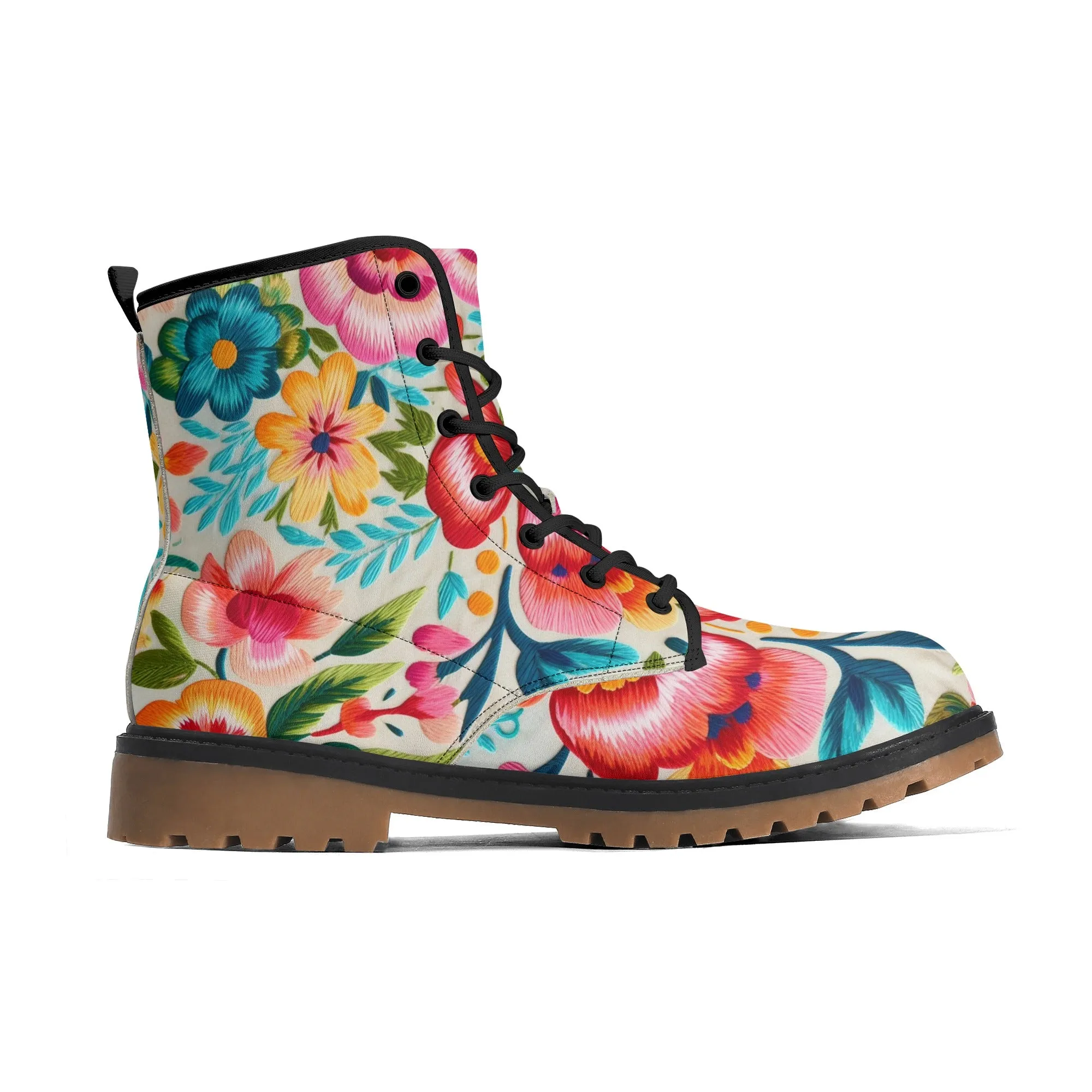Colorful Flowers Womens Faux Embroidered Luxe Combat Boots