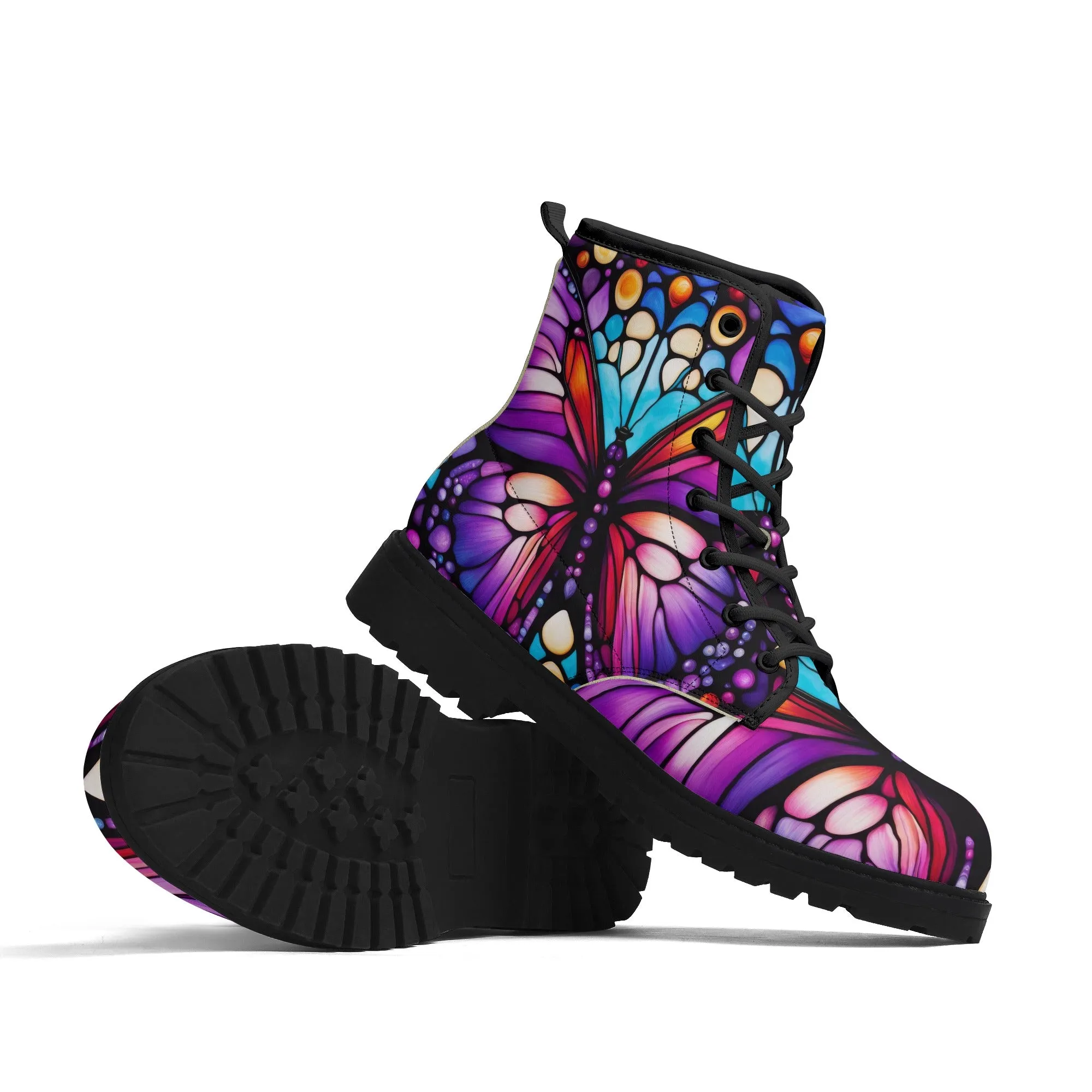 Colorful Purple Butterfly Stained Glass Womens Vegan Boots