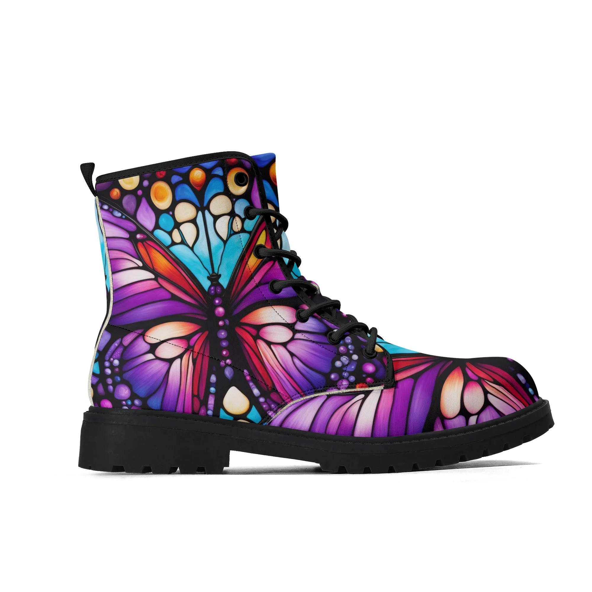Colorful Purple Butterfly Stained Glass Womens Vegan Boots