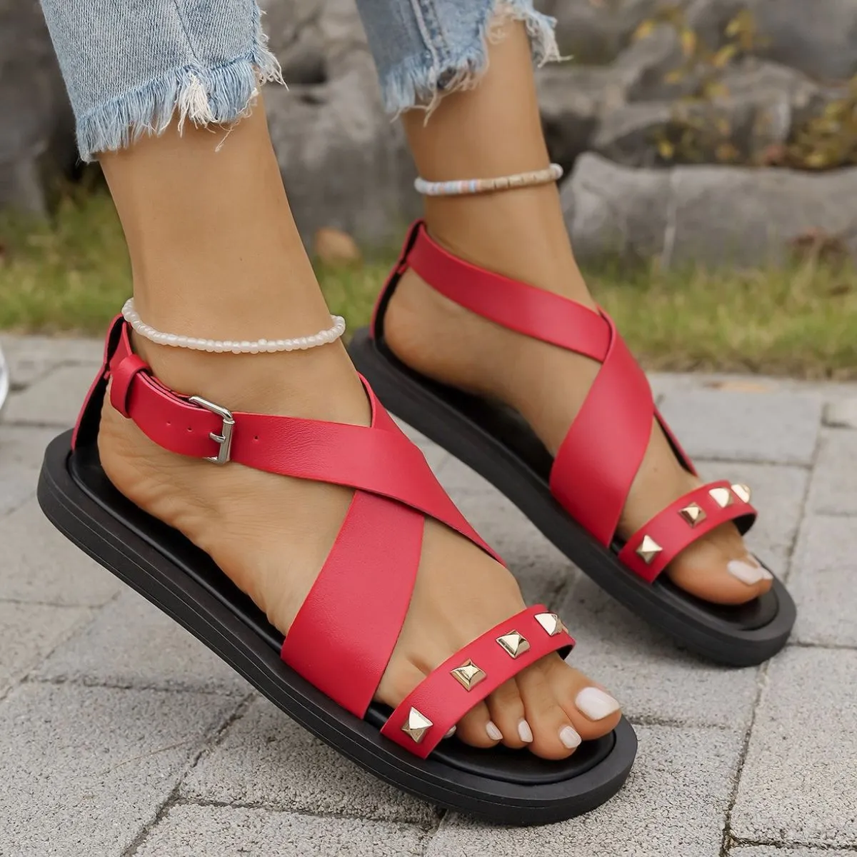 Crisscross Rivet Detail Sandals