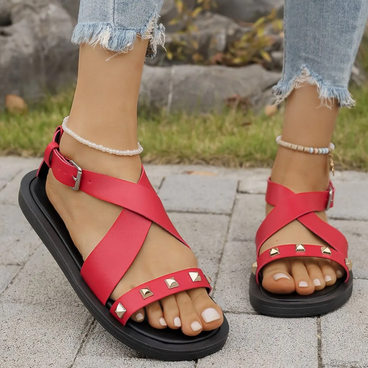 Crisscross Rivet Detail Sandals