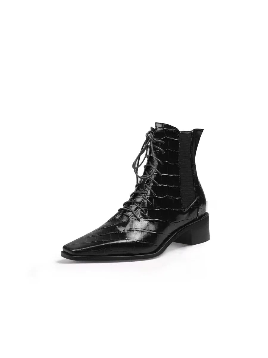 Croc-Embossed Lace-Up Black Chelsea Boot