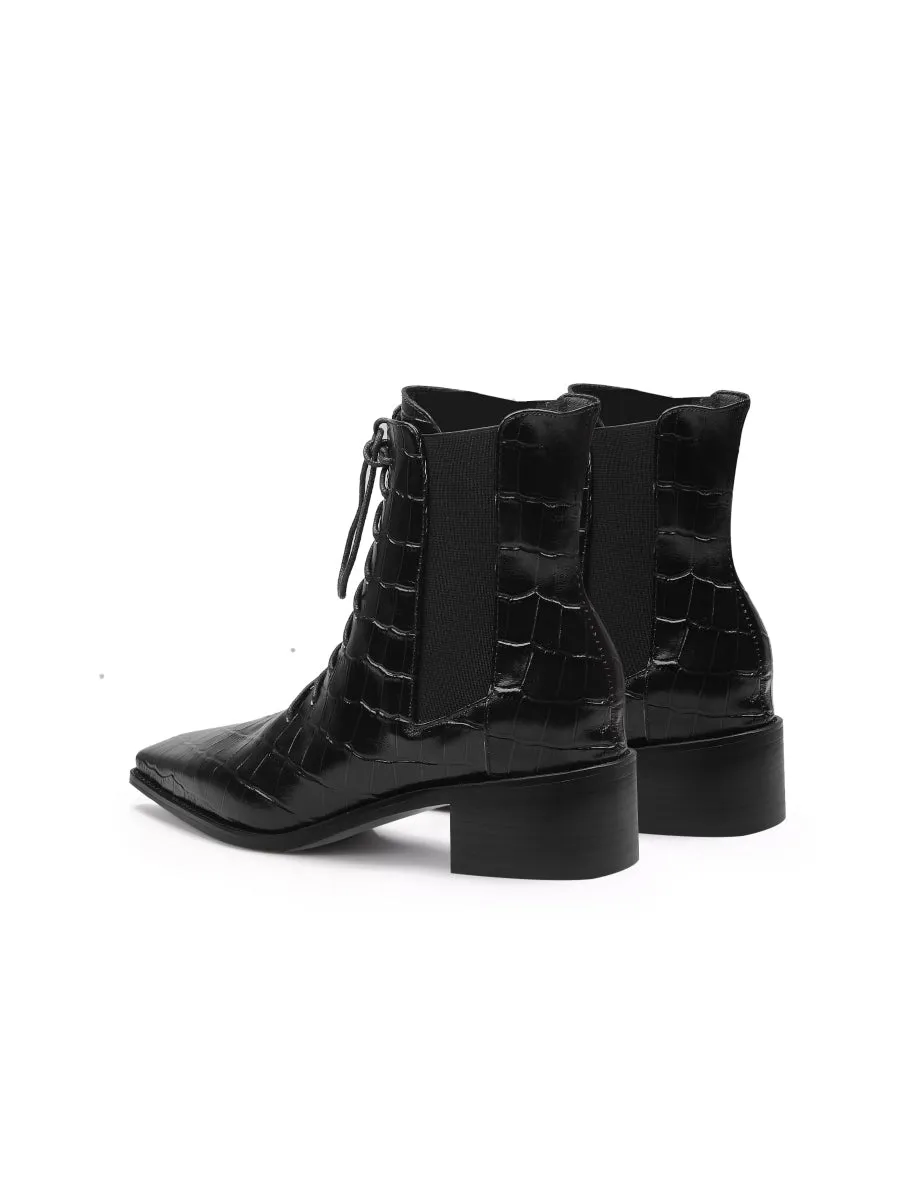 Croc-Embossed Lace-Up Black Chelsea Boot