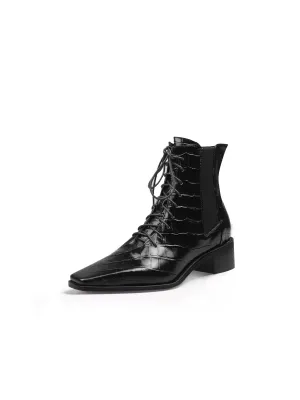 Croc-Embossed Lace-Up Black Chelsea Boot