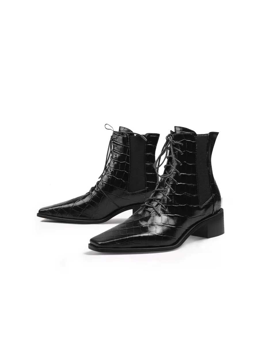 Croc-Embossed Lace-Up Black Chelsea Boot
