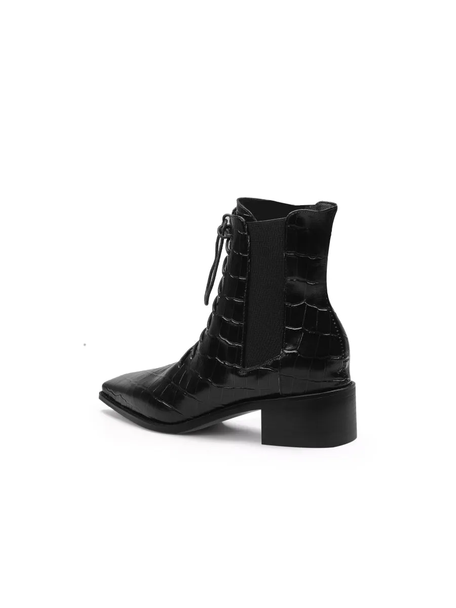 Croc-Embossed Lace-Up Black Chelsea Boot