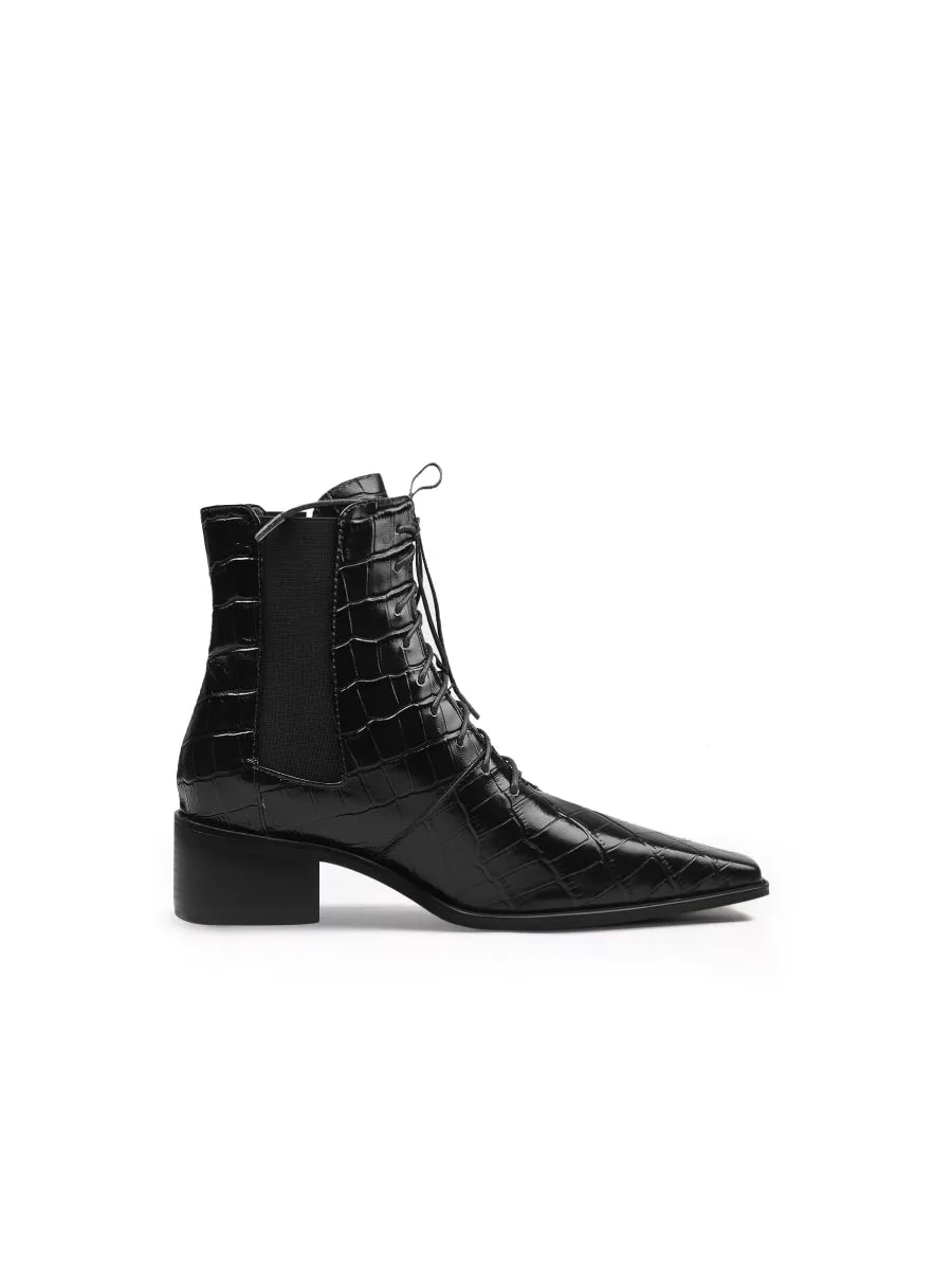Croc-Embossed Lace-Up Black Chelsea Boot