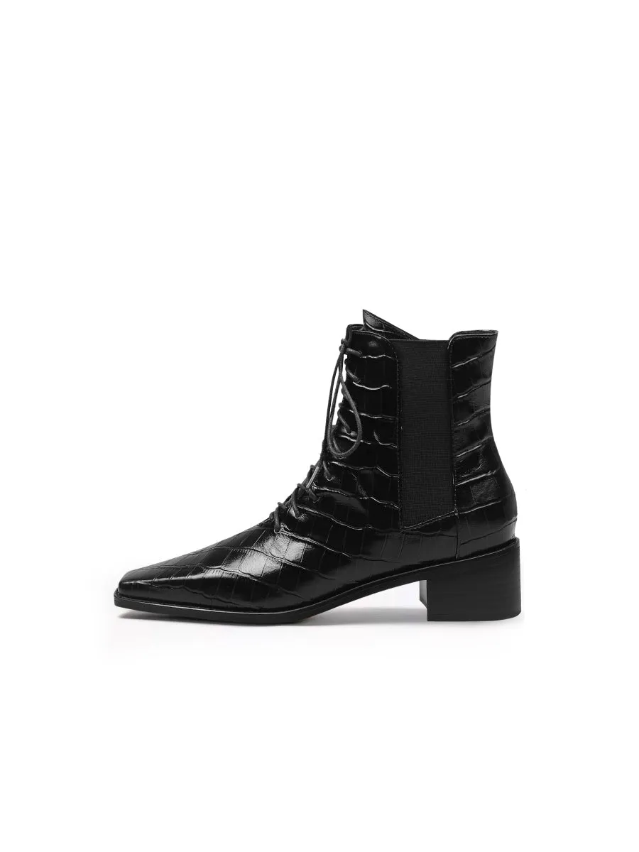 Croc-Embossed Lace-Up Black Chelsea Boot