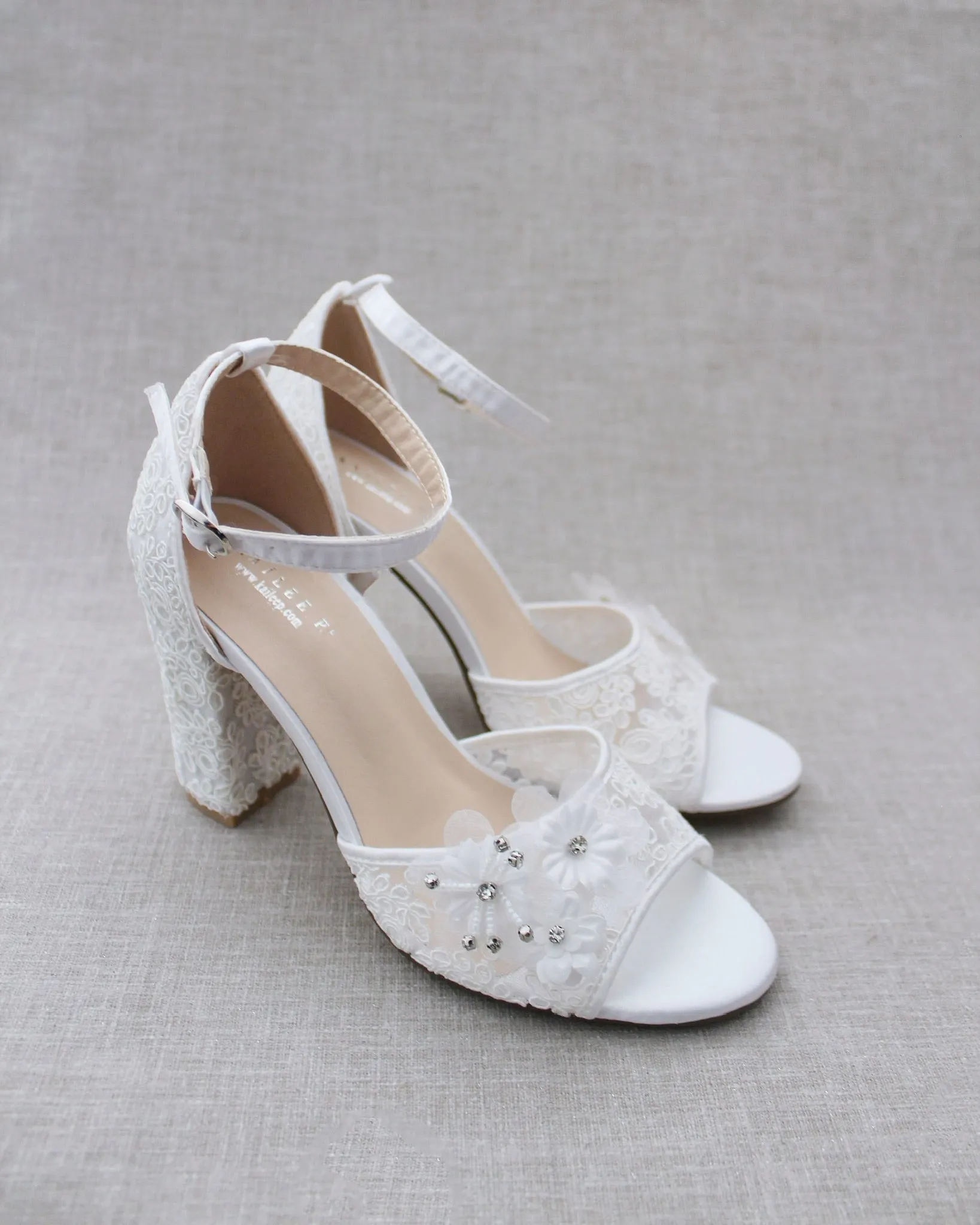 Crochet Lace Block Heel Sandals with White Flowers