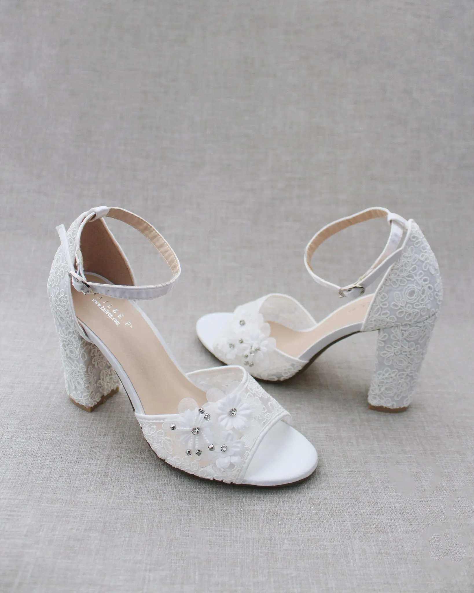 Crochet Lace Block Heel Sandals with White Flowers