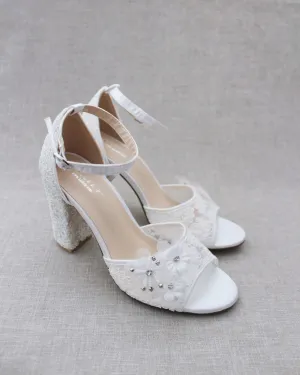 Crochet Lace Block Heel Sandals with White Flowers