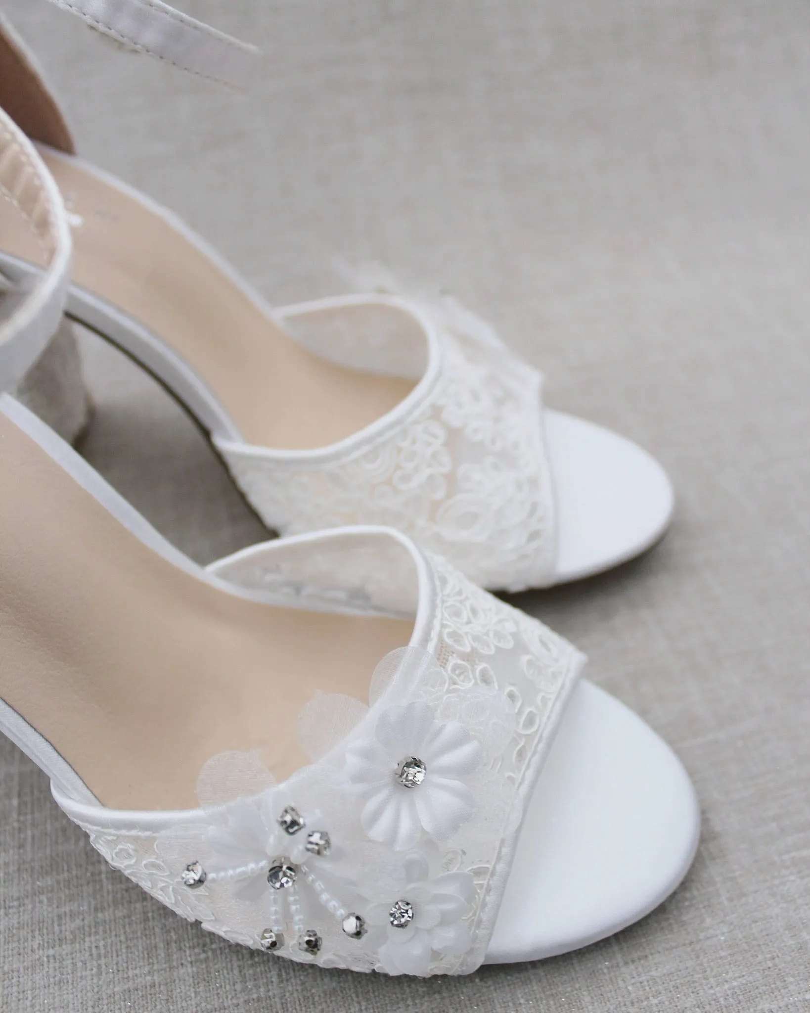 Crochet Lace Block Heel Sandals with White Flowers