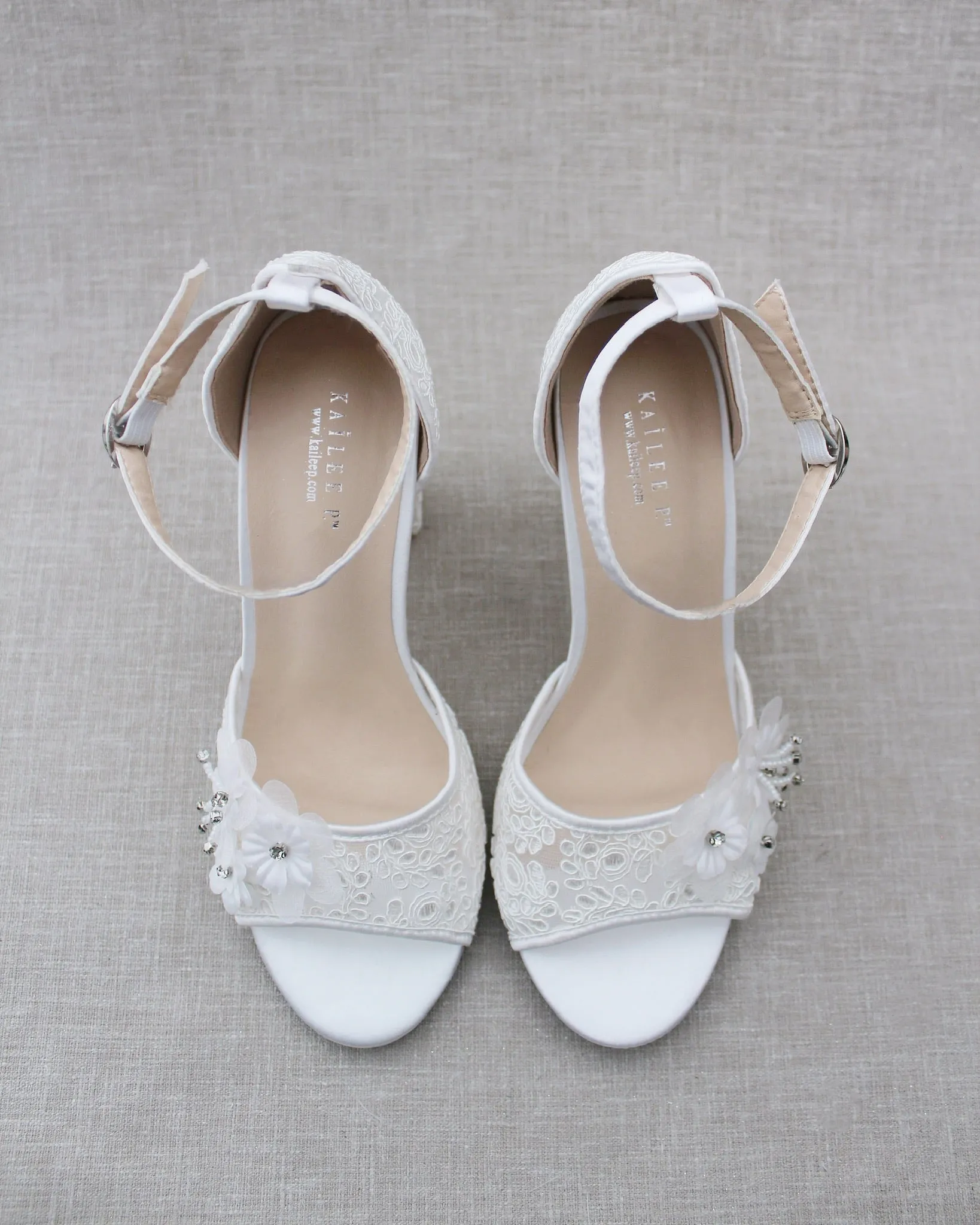 Crochet Lace Block Heel Sandals with White Flowers
