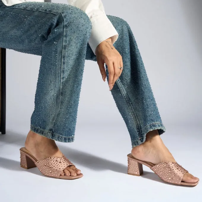 Crystal pink block heels