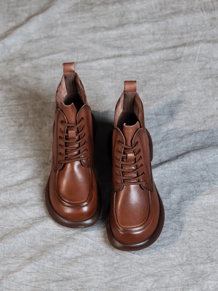 Curve Ankle Leather Combat Boots - Brown