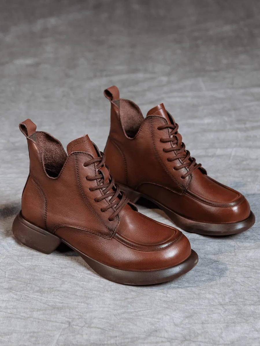 Curve Ankle Leather Combat Boots - Brown