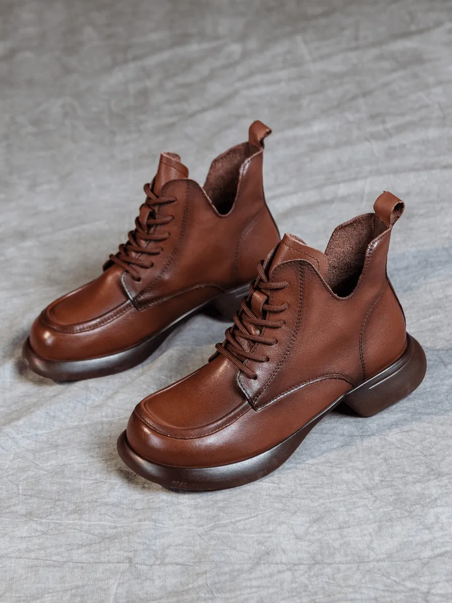 Curve Ankle Leather Combat Boots - Brown