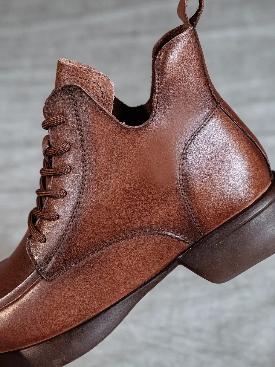 Curve Ankle Leather Combat Boots - Brown