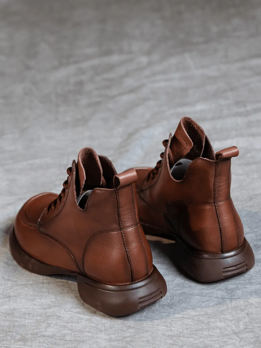 Curve Ankle Leather Combat Boots - Brown