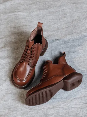 Curve Ankle Leather Combat Boots - Brown