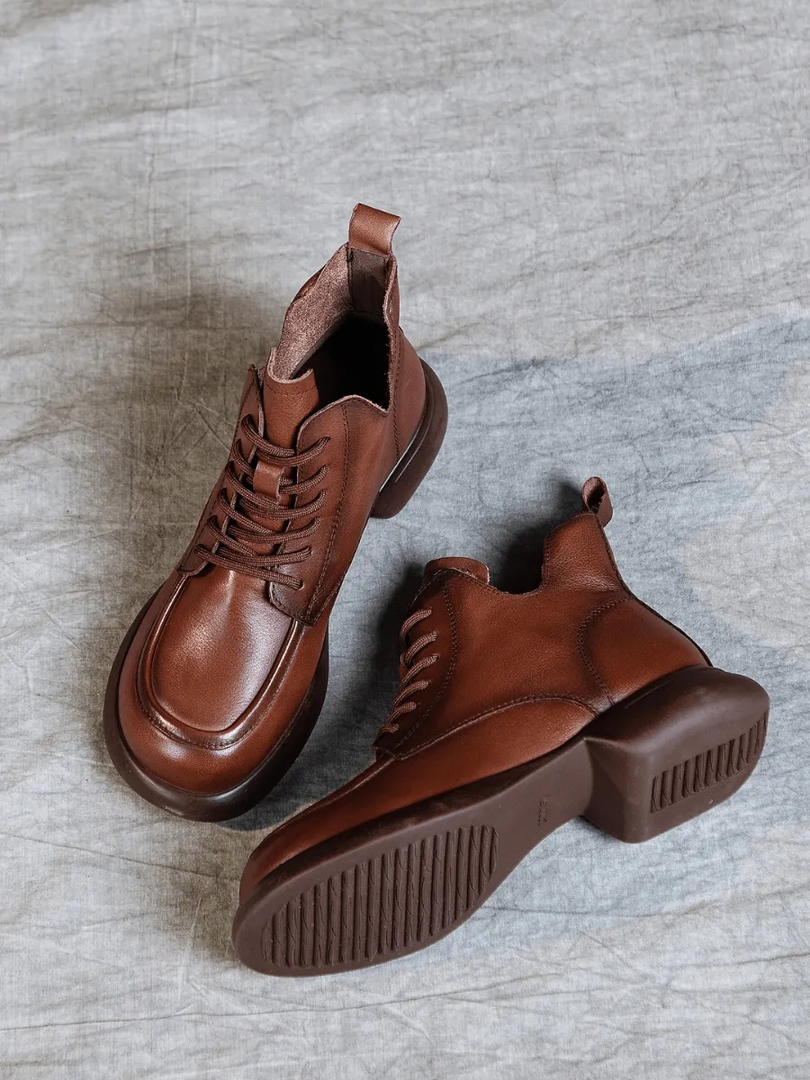 Curve Ankle Leather Combat Boots - Brown