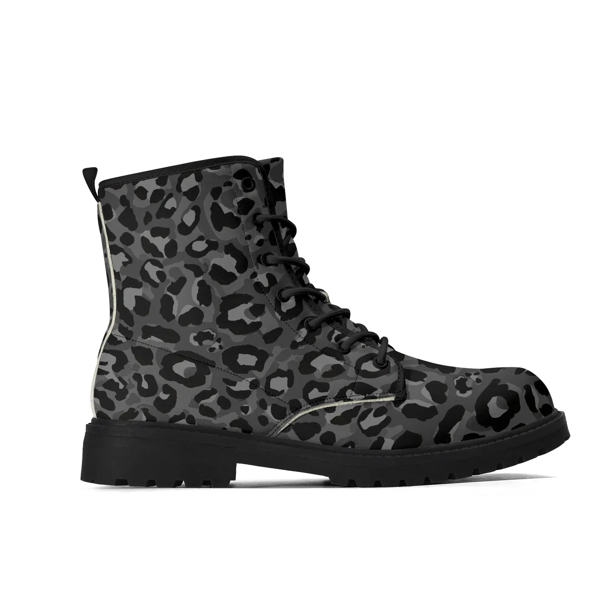 Dark Gray Leopard Print Womens Vegan Combat Boots