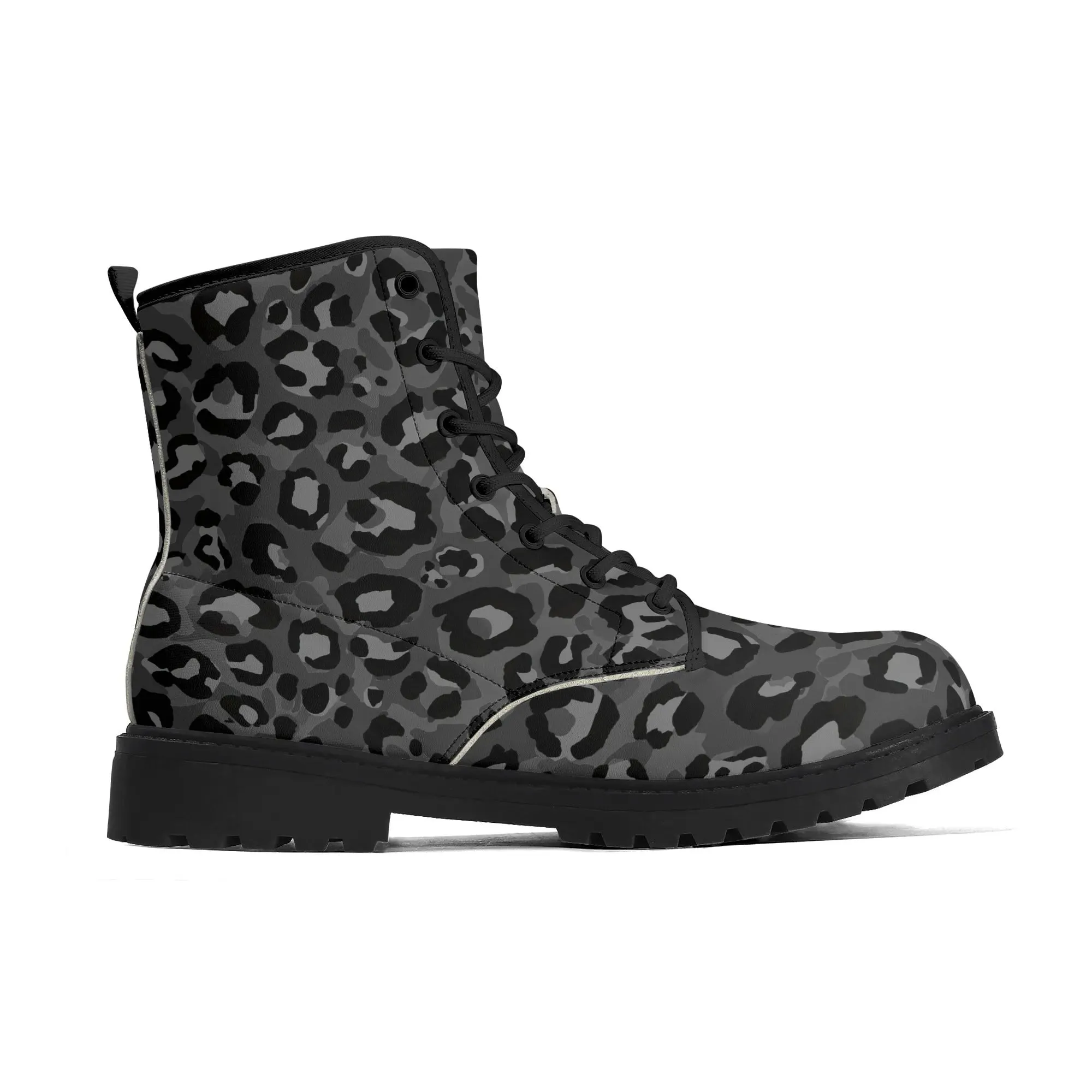 Dark Gray Leopard Print Womens Vegan Combat Boots