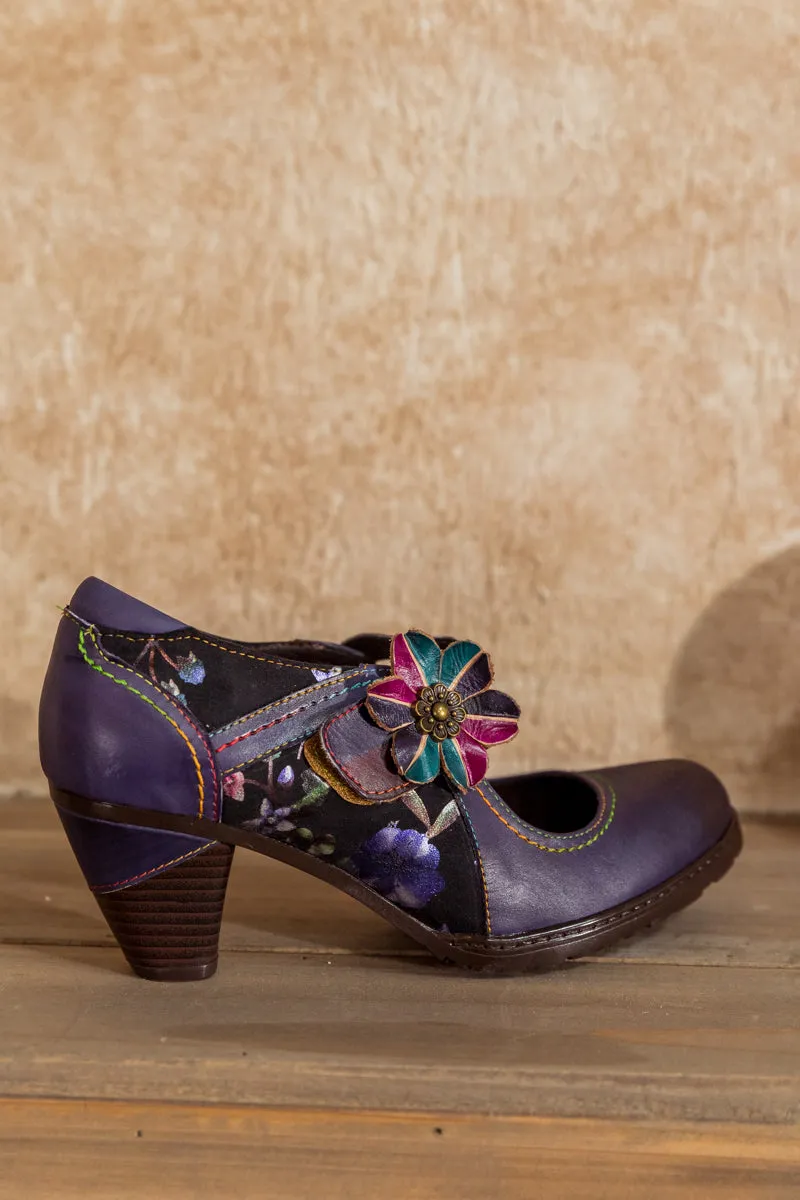 Eggplant Flower Appliqued Leather Mary Jane