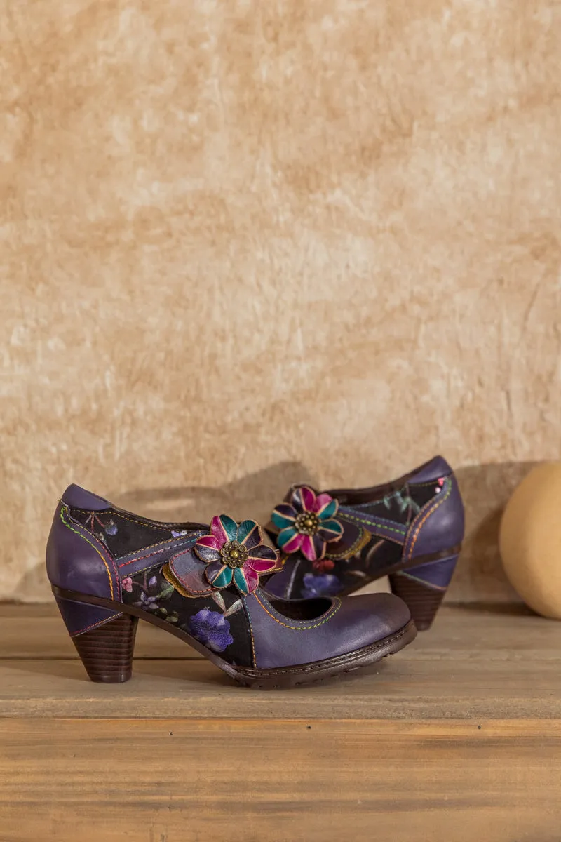 Eggplant Flower Appliqued Leather Mary Jane