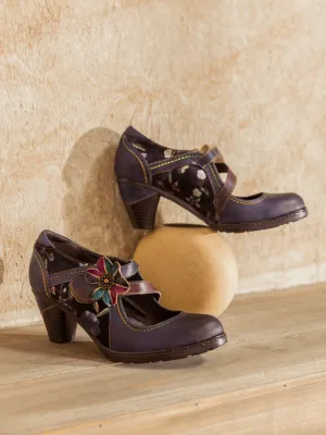 Eggplant Flower Appliqued Leather Mary Jane