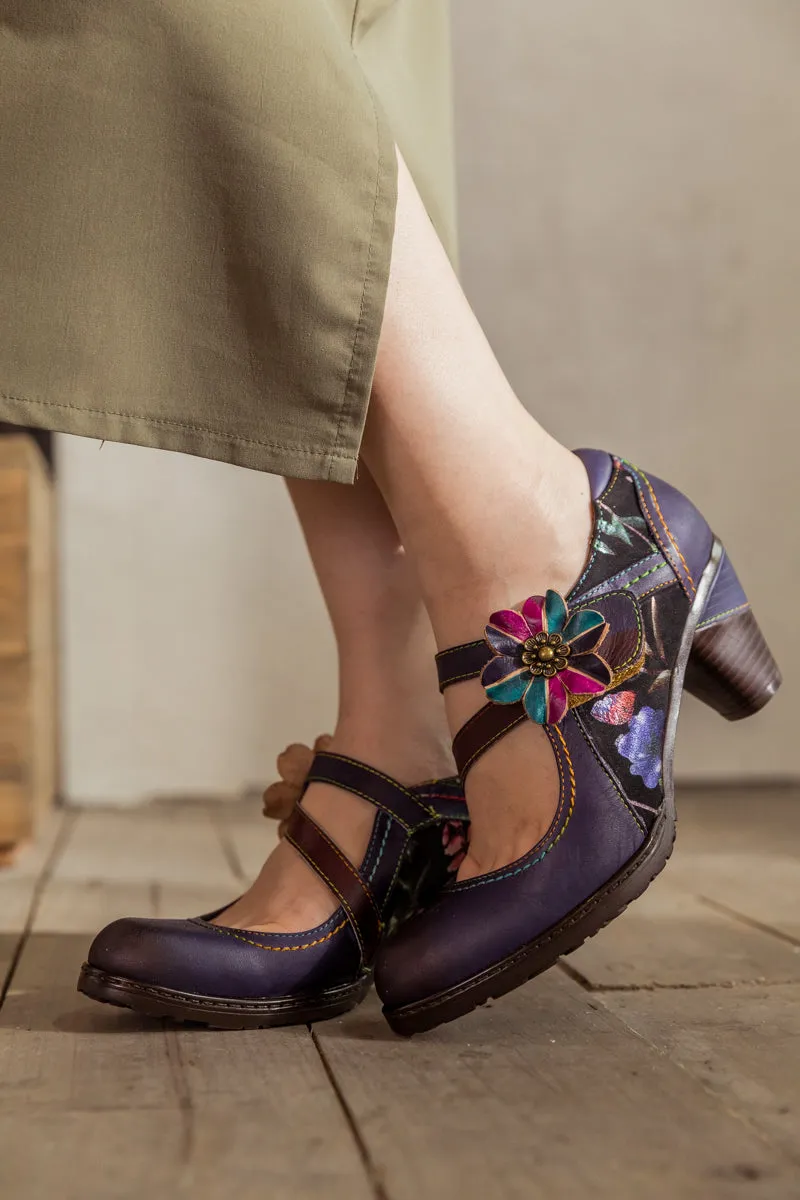 Eggplant Flower Appliqued Leather Mary Jane