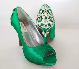 Emerald Green Wedding Shoes with Crystal Heel Design