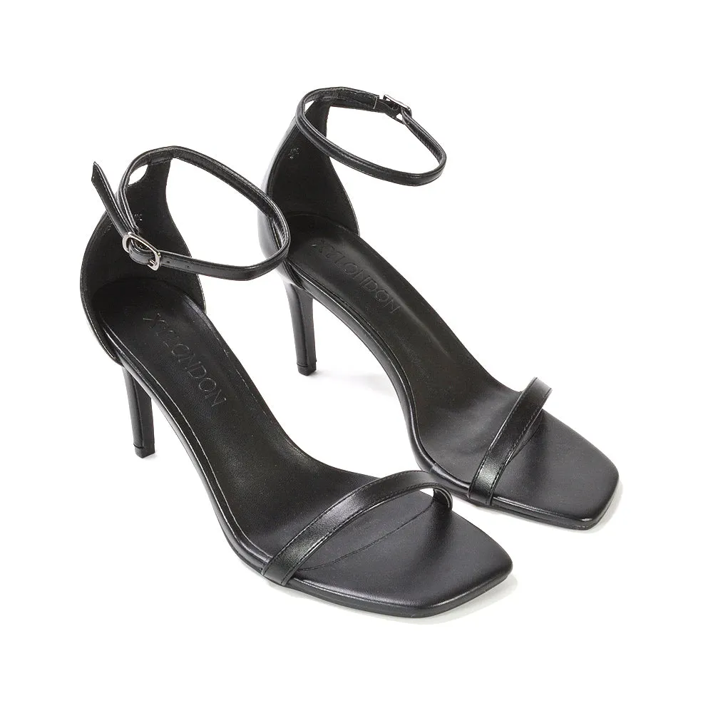 Emma Square Toe Stiletto High Heel Summer Sandals With Ankle Strap in Navy Faux Suede