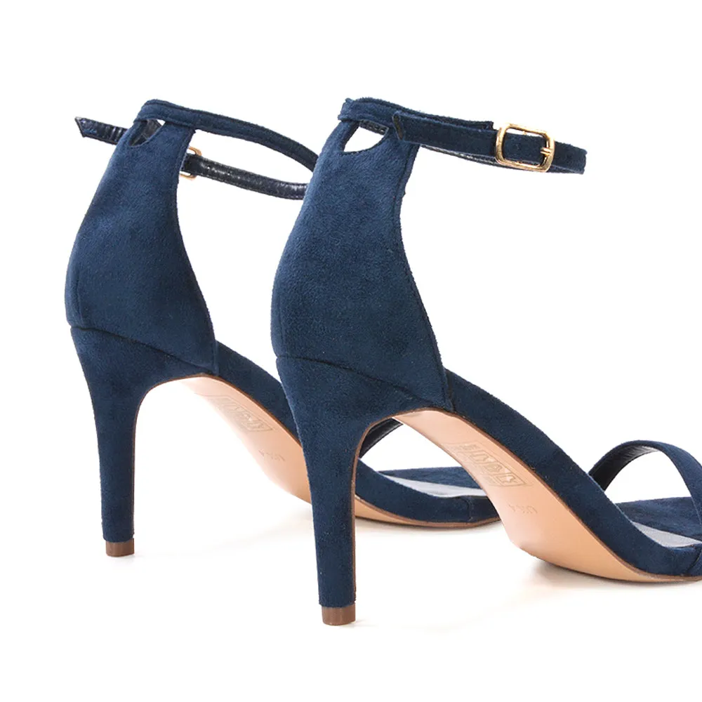 Emma Square Toe Stiletto High Heel Summer Sandals With Ankle Strap in Navy Faux Suede