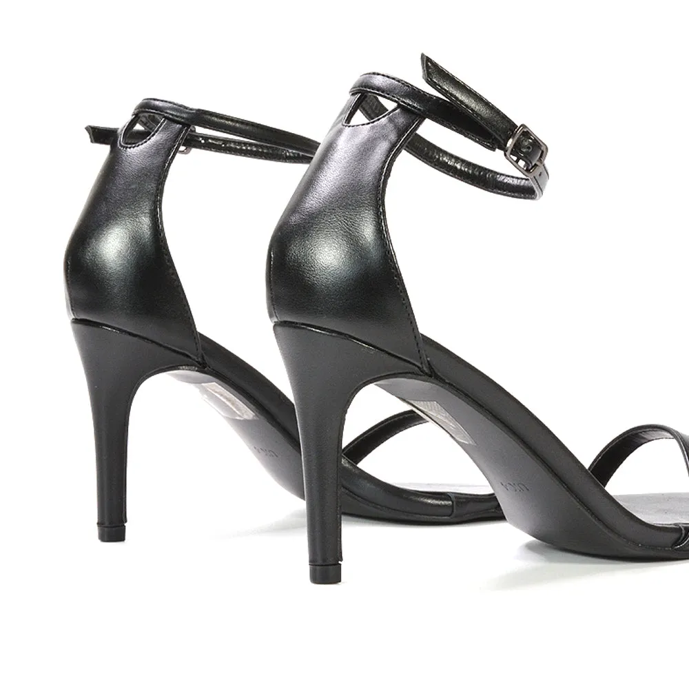 Emma Square Toe Stiletto High Heel Summer Sandals With Ankle Strap in Navy Faux Suede