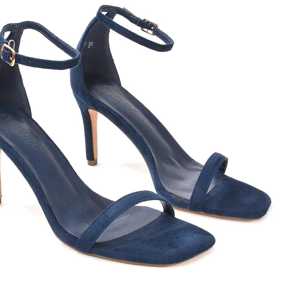 Emma Square Toe Stiletto High Heel Summer Sandals With Ankle Strap in Navy Faux Suede