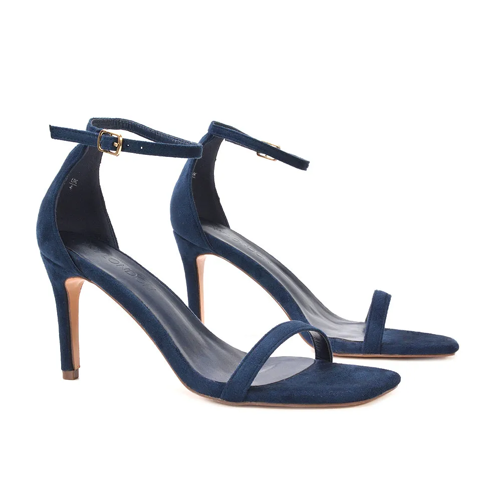 Emma Square Toe Stiletto High Heel Summer Sandals With Ankle Strap in Navy Faux Suede