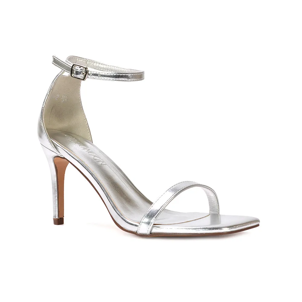 Emma Square Toe Stiletto High Heel Summer Sandals With Ankle Strap in Navy Faux Suede