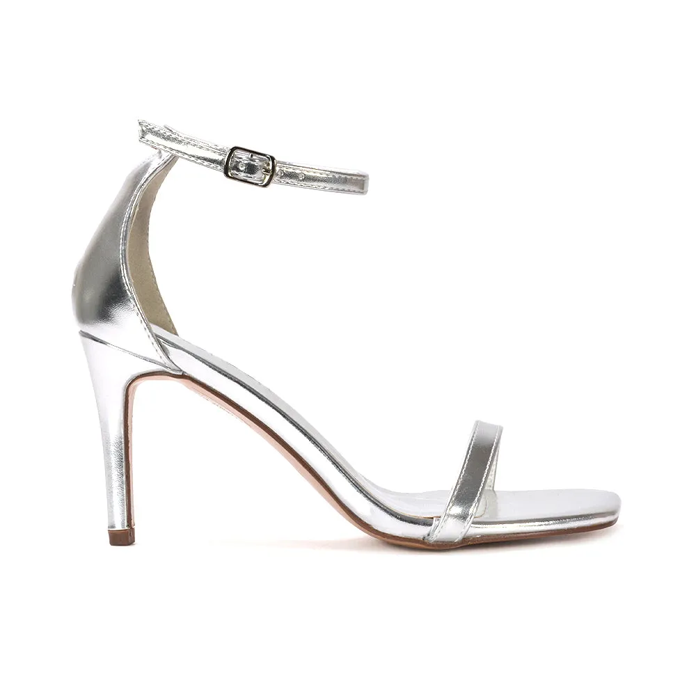 Emma Square Toe Stiletto High Heel Summer Sandals With Ankle Strap in Navy Faux Suede