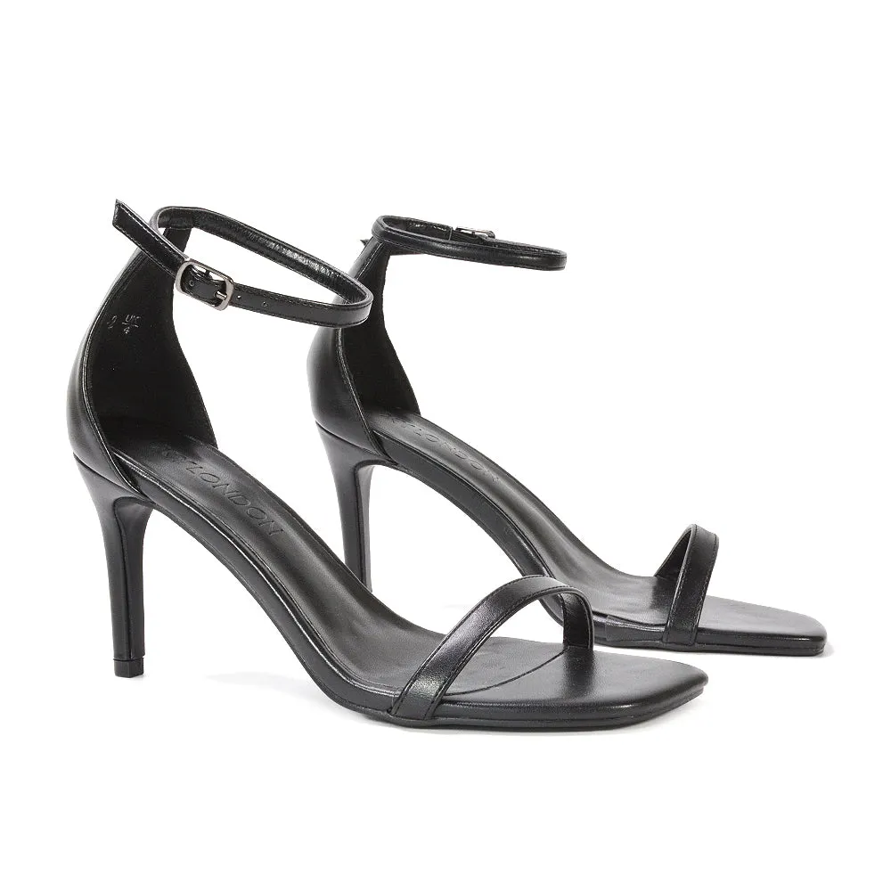 Emma Square Toe Stiletto High Heel Summer Sandals With Ankle Strap in Navy Faux Suede