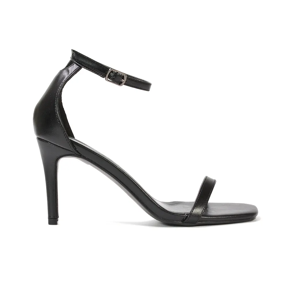 Emma Square Toe Stiletto High Heel Summer Sandals With Ankle Strap in Navy Faux Suede