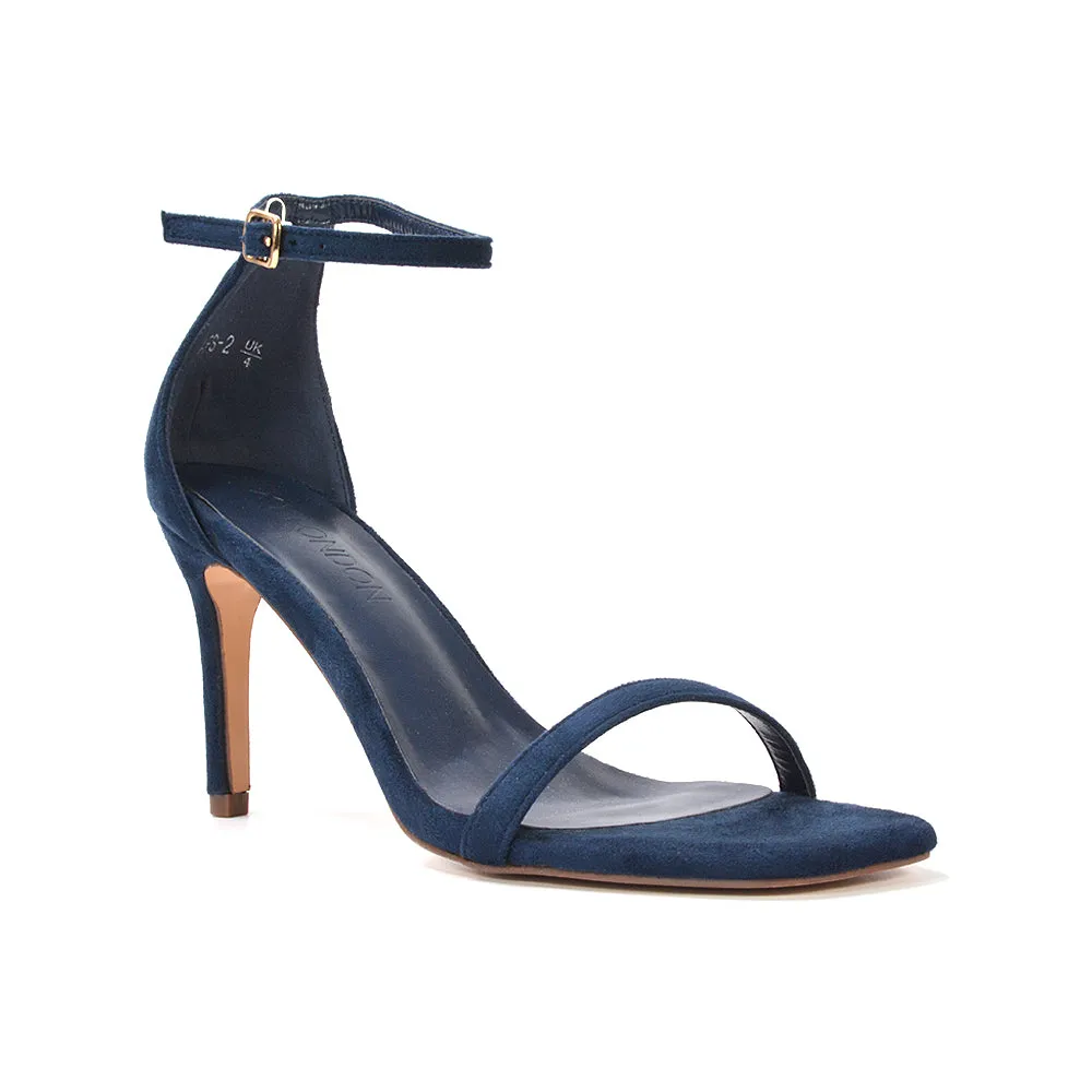 Emma Square Toe Stiletto High Heel Summer Sandals With Ankle Strap in Navy Faux Suede